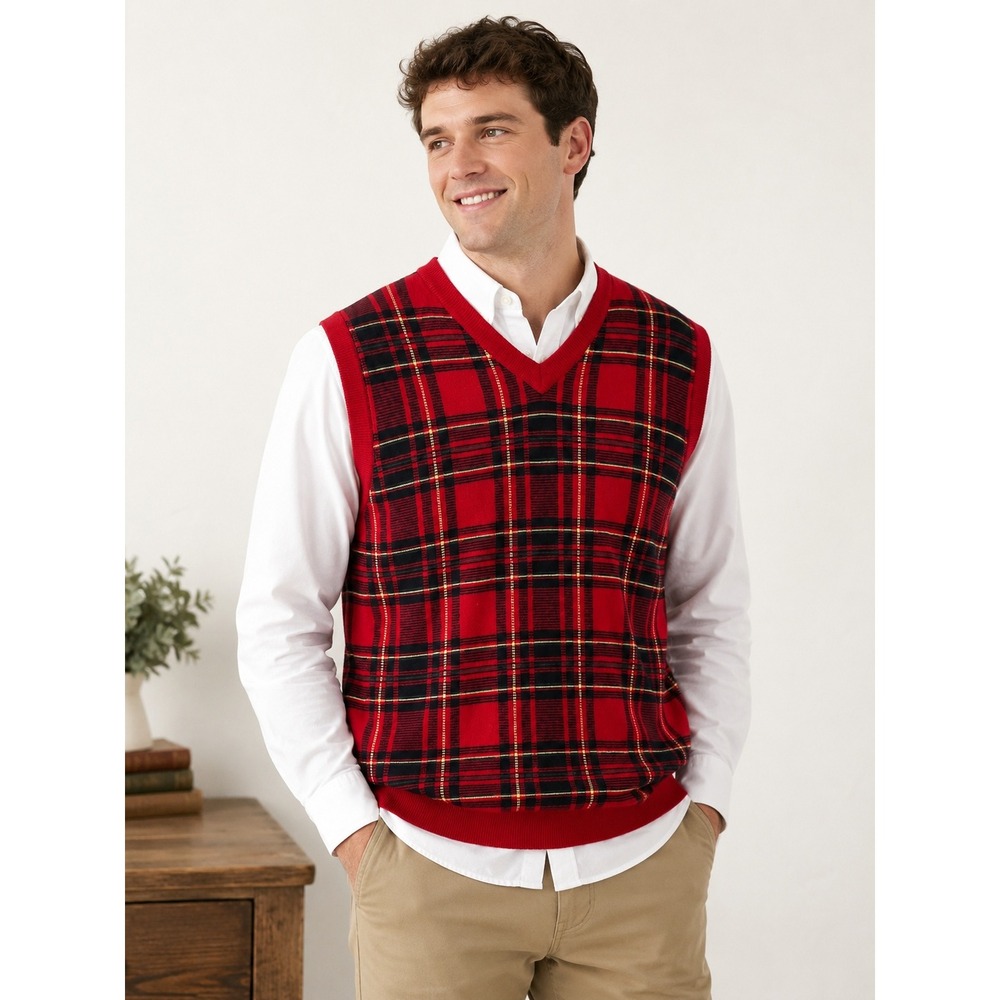 Roundtree & Yorke Sweater Vest Mens Large Red Plaid College Holiday Wool Blend